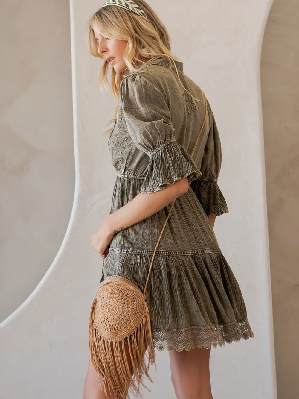 YOUNG THREADS Vintage Romance-Stone Washed Babydoll V-Neck Dress - Picture 3 of 6